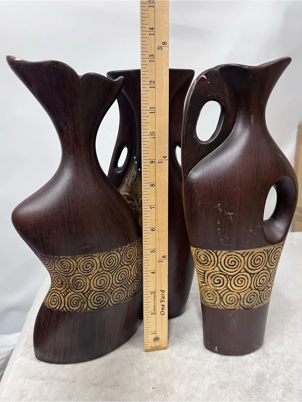 Brown Decorative Vase Set spiral accents 3 piece FLAWED